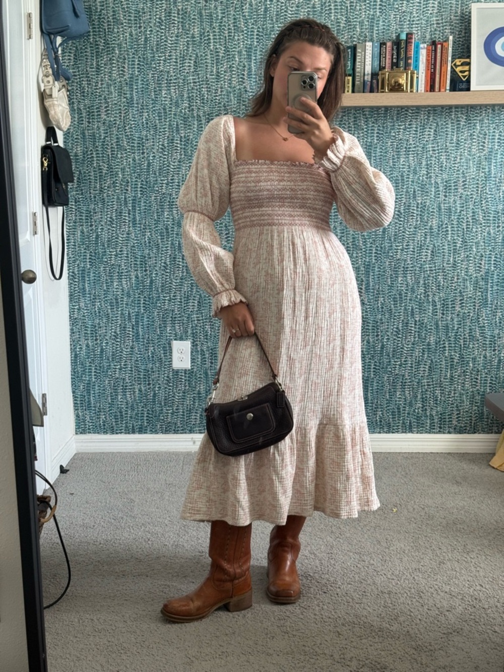 Smocked Square-Neck Midi Dress in Blush Speckle
